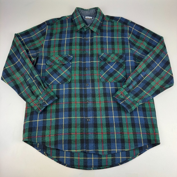 Vintage Fieldmaster Mens Size L Wool Blend Flannel Button Up Shirt Green Plaid - Picture 1 of 6